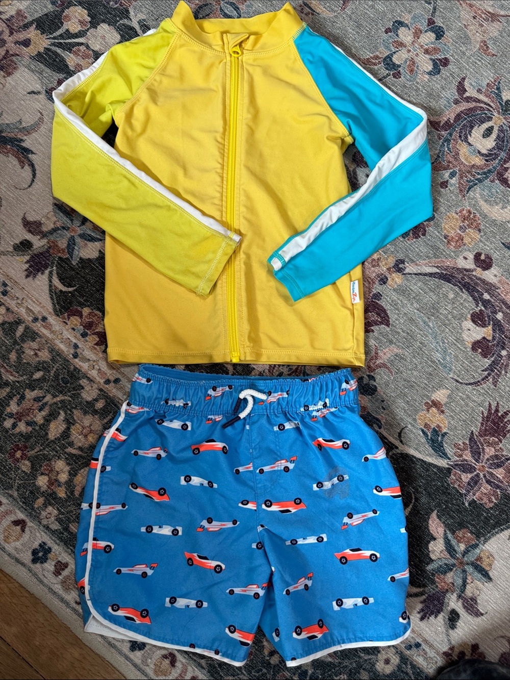 Kids Yellow & Blue Zip-Front Rashguard Set with Race Car Trunks